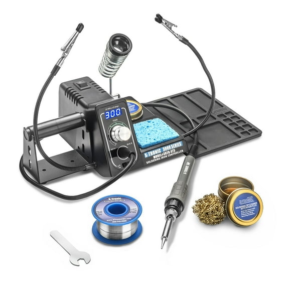 X-Tronic Model #3020 Digital LED Soldering Iron Station with 2 Convenient Helping Hands, a 10 Minute Sleep Function, C/F Switch, Solder Roll Holder, Brass Tip Cleaner with Cleaning Flux & Wet Sponge