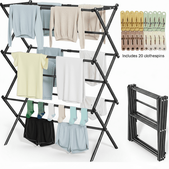 X-Wing 3-Tier Steel Foldable Clothes Drying Rack, Expandable Metal Clothing Dryer, Collapsible Towel Rack, Air Drying Rack, Black