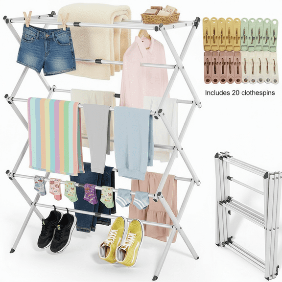 X-Wing 3-Tier Steel Foldable Clothes Drying Rack, Expandable Metal Clothing Dryer, Collapsible Towel Rack, Air Drying Rack, White