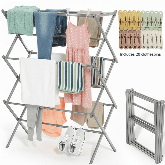 X-Wing 3-Tier Steel Foldable Clothes Drying Rack, Expandable Metal Clothing Dryer, Collapsible Towel Rack, Air Drying Rack, Gray