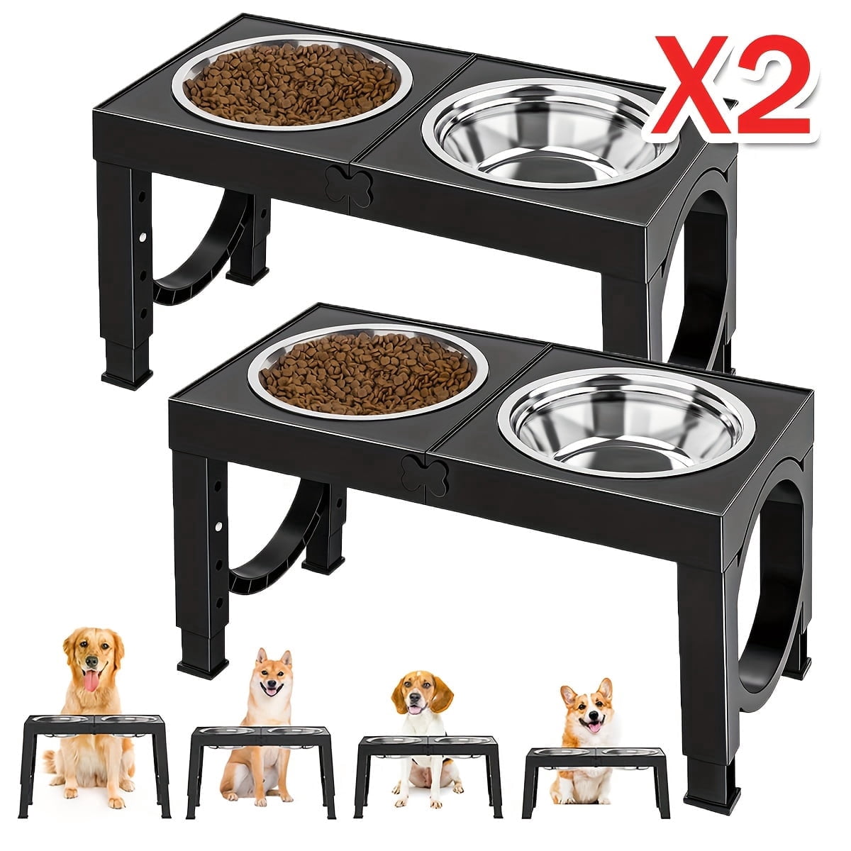 X XBEN 2-Pack Elevated Dog Bowls Stand, 5-Level Height Adjustable Feeder with 2 Stainless Steel Bowls, Anti-Slip Joint Relief Food Water Dish for Small Medium Large Dogs