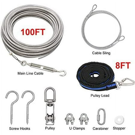 X XBEN Dog Tie Out Cable, 100ft Dog Trolley Runner Cable for Dogs up to 250lbs, Dog Lead for Yard, Camping, Outdoor, with 8 Ft Nylon Bungee Runner, Cable Sling to Protect Trees