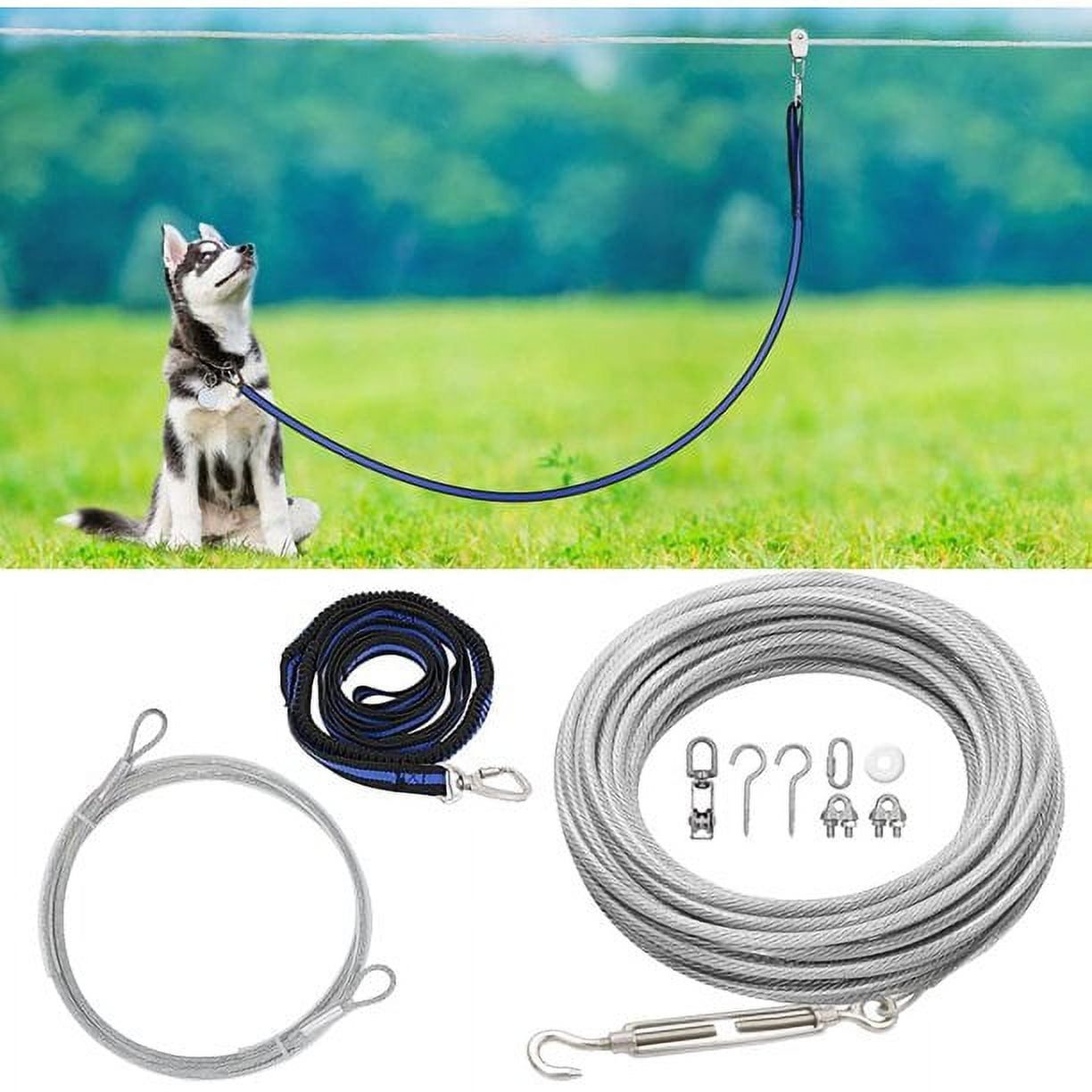 X XBEN Dog Tie Out Cable 100ft Dog Trolley Runner Cable for Dogs up to 250lbs Dog Lead for Yard Camping Outdoor with 8 Ft Nylon Bungee Runner