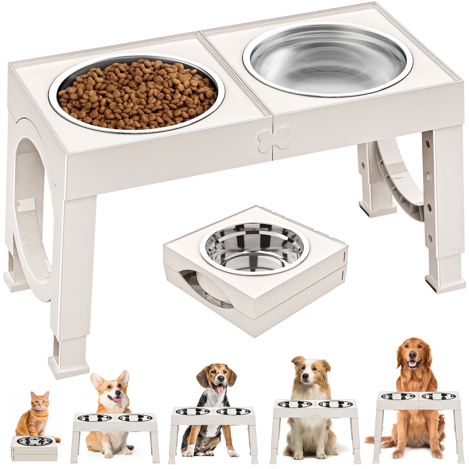 X XBEN Elevated Dog Bowls, 5 Heights Adjustable Dog Raised Bowl Stand with Two 1000ML Stainless Steel Dog Food and Water Bowls, Pet Bowl Holder to Protect Dogs Joints for Small Medium Large Dog,White