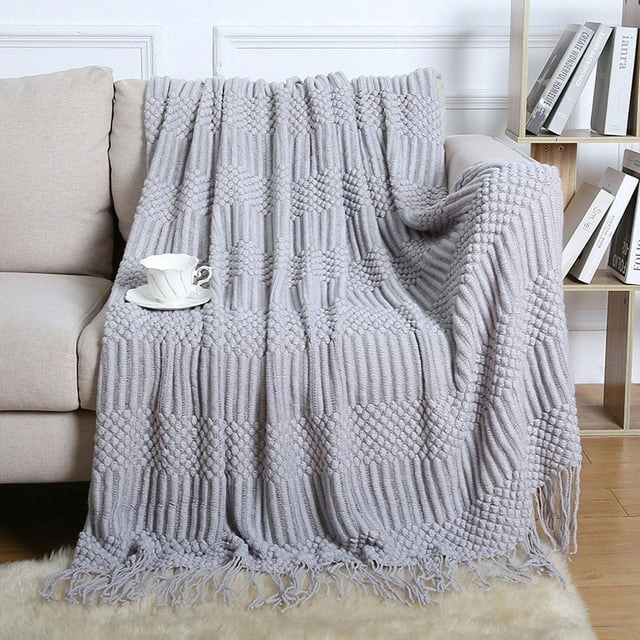 X XBEN Knitted Throw Blanket for Couch, Bed and Sofa, Super Soft Blanket  with Tassels,WhiteThrow Blanket-All Seasons Suitable(50x90, White)