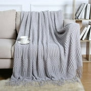 X XBEN Knitted Throw Blanket for Couch, Bed and Sofa, Super Soft Blanket with Tassels,Light Gray Throw Blanket-All Seasons Suitable(50"x90")