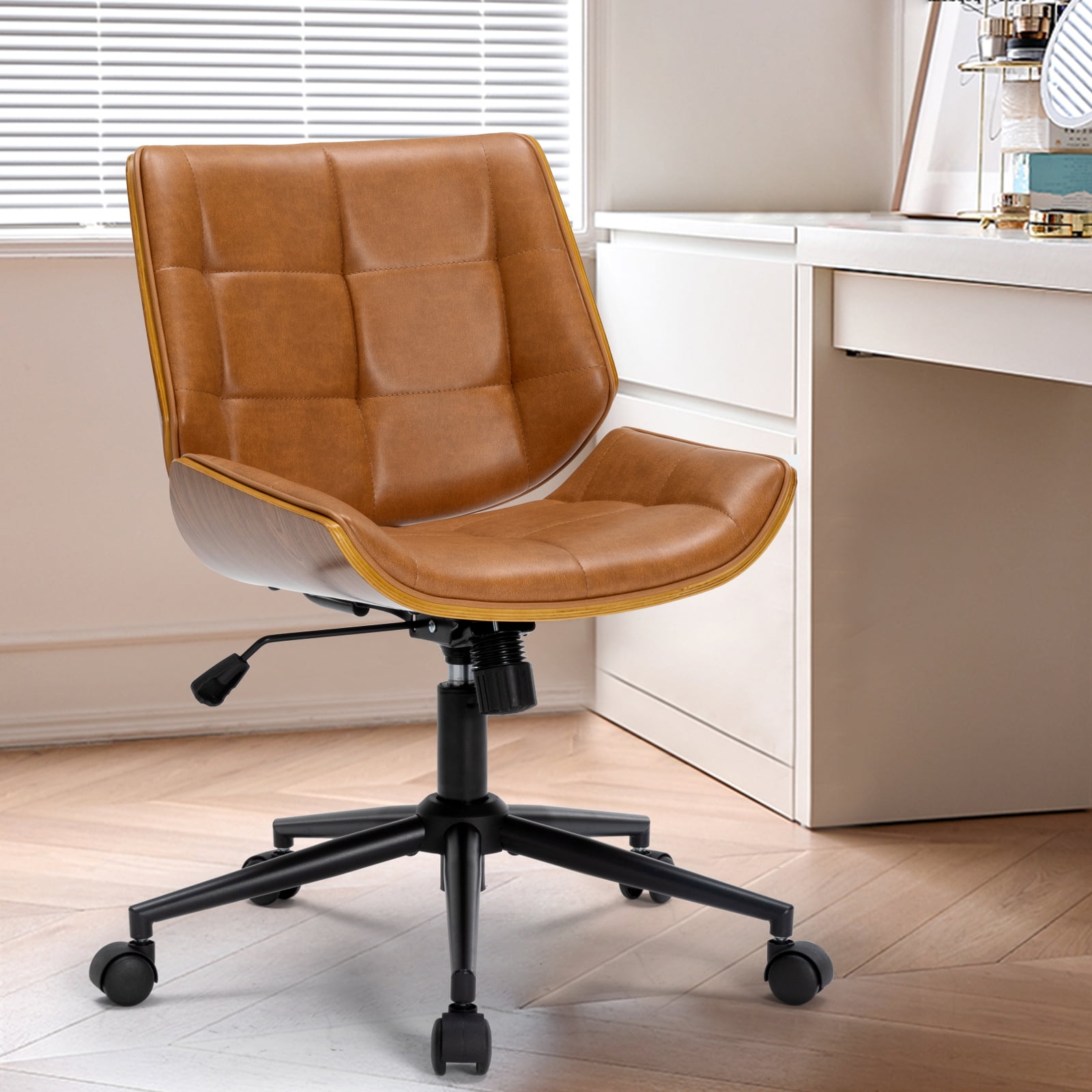 X Xishe Home Office Desk Chair with Wheels, Adjustable Height Armless Office Chair, PU Leather Mid Back 360° Small Computer Chair, Modern Chair No Arms for Office, Reading Meeting Room, Camel