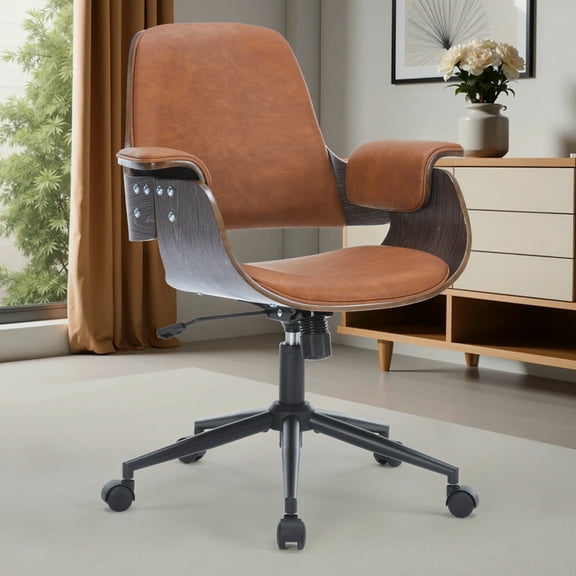 X Xishe Mid Century Modern Home Office Chair,Ergonomic U-Shape Mid Back Executive Chair,Adjustable Height Swivel Computer Chair with Walnut Finish & PU Leather for Study Bedroom Workspace,Brown