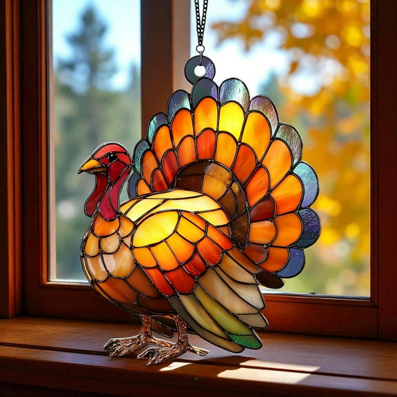 X¢a + Turkey Stained Glass Suncatcher, Thanksgiving Window Hanging Decoration, Autumn Harvest Home Decor, Fall Gift Idea