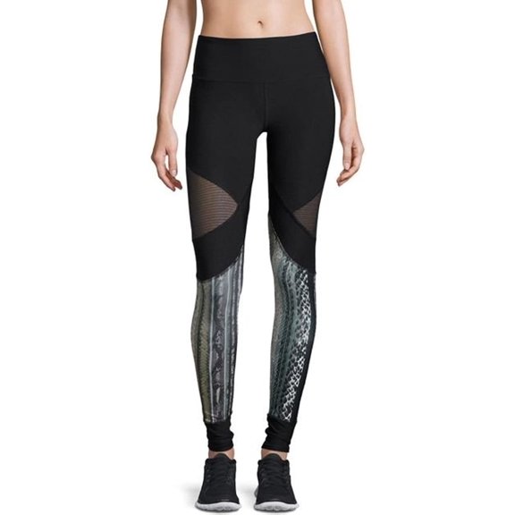X by Gottex Black Mesh-Inset Paneled Performance Leggings, Large - Blocked Snake Print