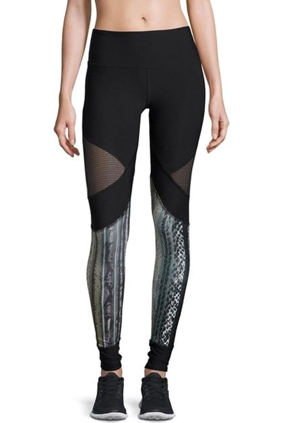 Black Mesh-Inset Paneled Performance Leggings, Large - Blocked Snake Print