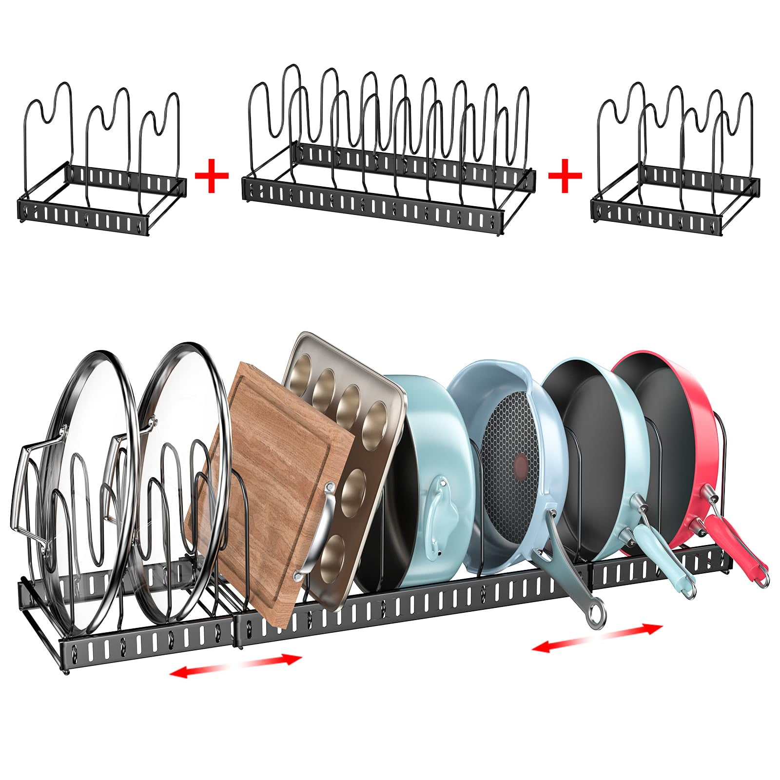 Xcosrack 15 Adjustable Dividers Pot and Pan Organizer Rack, 3 in 1