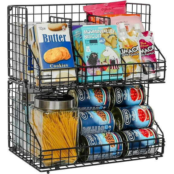 X-cosrack 2 Pack Stackable Wire Basket,Cabinet Wall Mount Food Organizer Baskets Bin with 4 Removable Dividers for Snack Canned Spice Food,Black