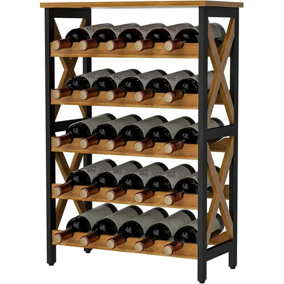 X-cosrack 25-Bottle Wine Rack Free Standing Floor, Rustic Wine Holder Stand 5 Tier Wobble-Free Tall Large Display Storage Shelf