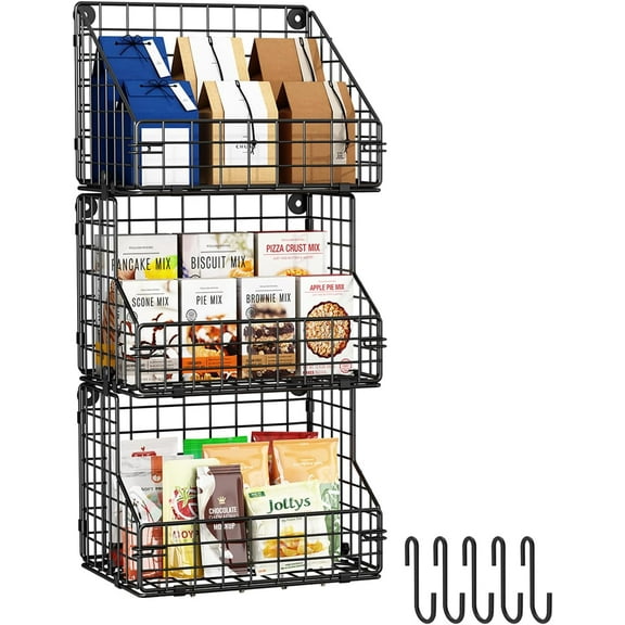 X-cosrack 3-Tier Stackable Snack Organizer With 5 Hooks, Wall-Mounted Wire Storage Basket, Muti-Purpose for Pantry Storage & Snack Rack & Kitchen StorageOne Basket Size: 6.5 X 8.7 X 6.7 Inch