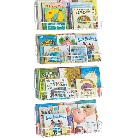 X-cosrack 4-Pack Wall Mounted Metal Kids Bookshelf, Floating Book Shelves for Kids Nursery Toddler Bedroom Classroom, Hanging Book Shelf Storage Organizer for Room Decor, White
