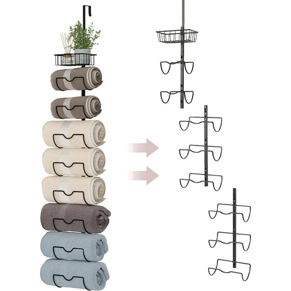 X-cosrack 9-Tier Over the Door Towel Rack,Wall Mounted Metal Towel Holder - Rolled Towel Organizer Door Hanging Towel Storage (Black)