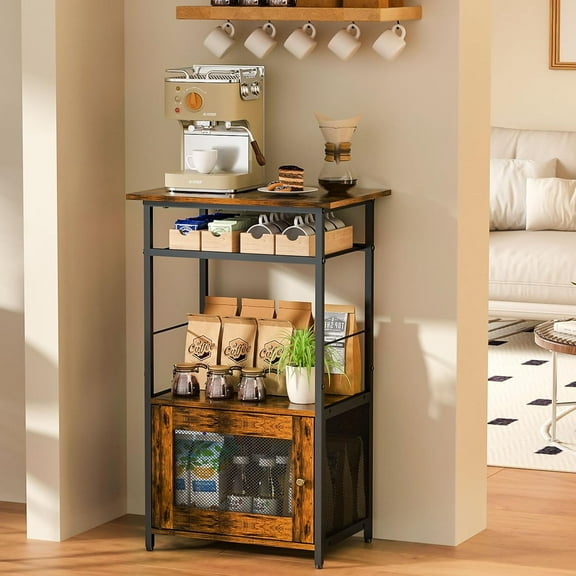 X-cosrack Coffee Bar Station, 3-Tier Small Coffee Stand Station with Storage, Farmhouse-Style Kitchen Microwave Stand Featuring 1-Door Cabinet for Living Room, Entryway, Kitchen