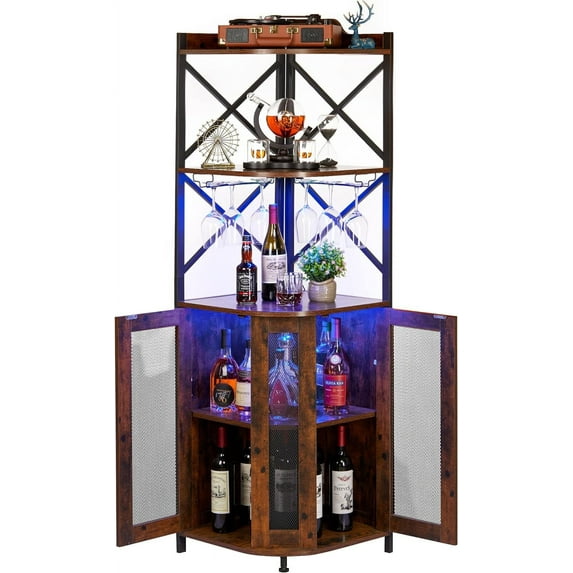 X-cosrack Corner Bar Cabinet with Glass Holder, Industrial Wine Cabinet with Mesh Door, 5-Tier Liquor Bar Cabinet for Home Small Space, Rustic Brown