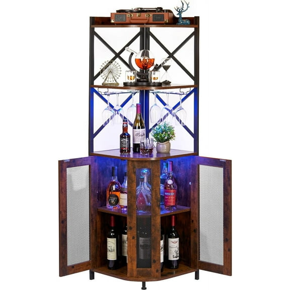 X-cosrack Corner Bar Cabinet with Glass Holder, Industrial Wine Cabinet with Mesh Door, 5-Tier Liquor Bar Cabinet for Home Small Space, Rustic Brown