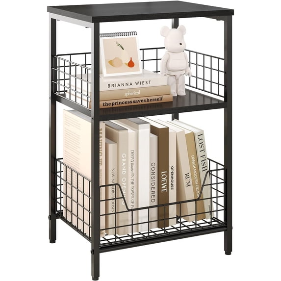 X-cosrack End Table,3 Tier Industrial Side Table,Wood & Metal Frame Nightstand Storage Shelf for Living Room Office Hallway(Black)