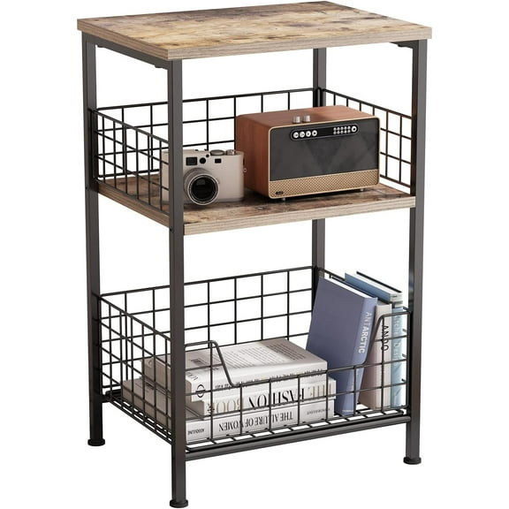 X-cosrack End Table,3 Tire Industrial Side Table,Wood & Metal Frame Nightstand Storage Shelf for Living Room Office Hallway(Brown+Black)