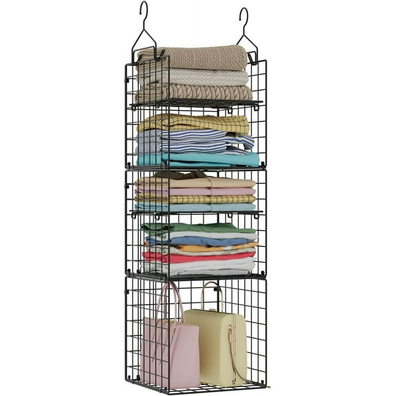 X-cosrack Hanging Closet Organizer and Storage - 5-Tier Closet Storage Organizer Baskets for Clothes & Adjustable Collapsible Metal Closet Hanging Organizer Shelves for Sweaters Shoes Handbags