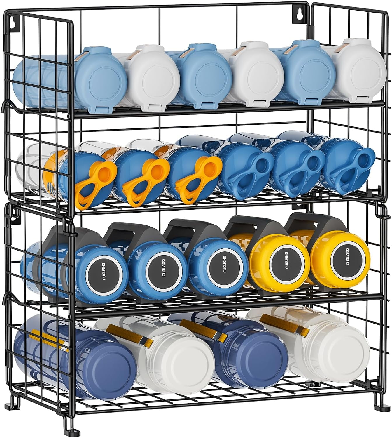 X cosrack Adjustable Water Bottle Organizer 4 Tier Stackable Wall Mounted Water Bottle Holder Rack for Kitchen Countertops Pantry Cabinet Black