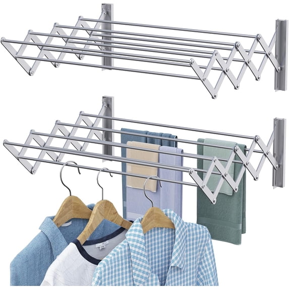 X-cosrack Wall Mount Accordion Expandable Steel Clothes Air Drying Rack,8 Hanging Rods,80 lbs Large Capacity, Silver,Extended Length