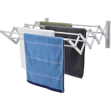X-cosrack Wall Mounted Clothes Drying Rack, Retractable Steel Folding Drying Rack, 8 Staggered Hanging Rods, 80 lbs Large Capacity,Silver