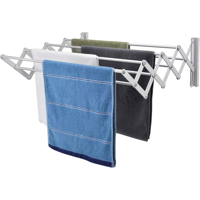 X cosrack Wall Mounted Clothes Drying Rack Retractable Steel Folding Drying Rack 8 Staggered Hanging Rods 80 lbs Large Capacity Silver Walmart