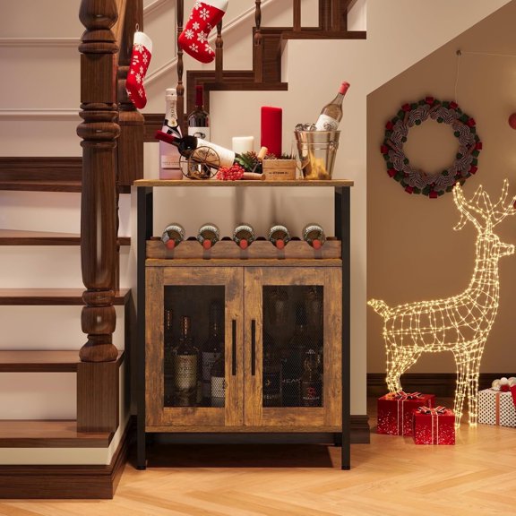 X-COSRACK Industrial Wine Bar Cabinet with Mesh Doors, 23.6" Coffee Bar Station with Detachable Wine Rack & Glass Holder, Rustic Brown Sideboard Buffet for Small Spaces