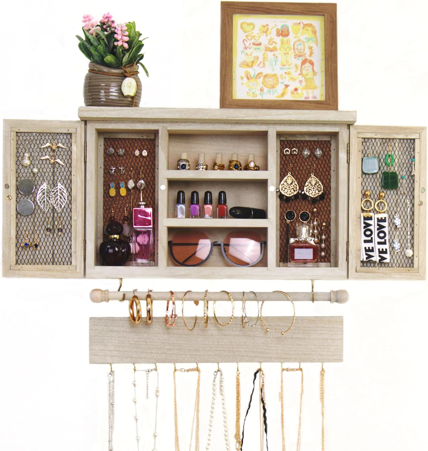 X-cosrack Wooden Wall Mounted Jewelry Cabinet Hanging Rustic Mesh Jewelry Holder with Barn Door for Necklaces Earrings Ring, and Removable Bracelet Rod with Hooks Organizer