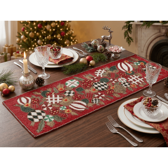 X-mass Ornamental Beaded Table Runner, Handmade Christmas Table Runner, Multicolor Table Runner 13X36 Inch