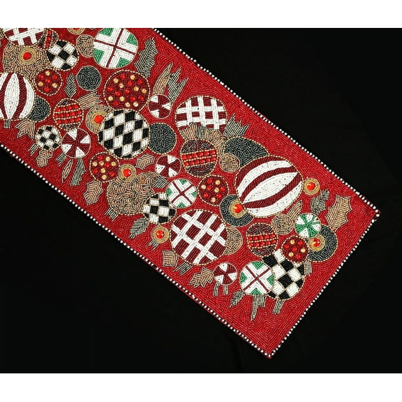 X-mass Ornamental Beaded Table Runner, Handmade Christmas Table Runner, Multicolor Table Runner 13X36 Inch