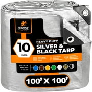 X-pose Safety Heavy Duty Poly Tarp - 100 x 100 - 10 Mil Thick Waterproof, UV Blocking Protective Cover - Reversible Silver and Black - Laminated Coating - Rustproof Grommets - by Xpose Safety