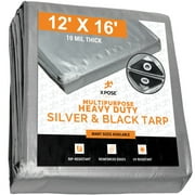 X-pose Safety Heavy Duty Poly Tarp - 12 x 16 - 10 Mil Thick Waterproof, UV Blocking Protective Cover - Reversible Silver and Black - Laminated Coating - Rustproof Grommets - by Xpose Safety