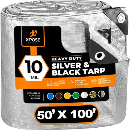 X-pose Safety Heavy Duty Poly Tarp - 50' x 100' - 10 Mil Thick Waterproof, UV Blocking Protective Cover - Reversible Silver and Black - Laminated Coating - Rustproof Grommets - by Xpose Safety .