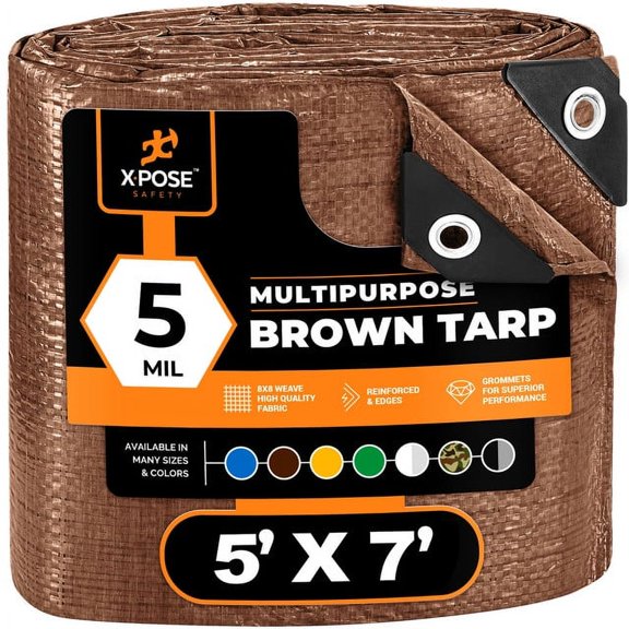 X-pose Safety Multipurpose Protective Cover Brown Poly Tarp 5' x 7' - Durable, Water Resistant, Weather Resistant - 5 Mil Thick Polyethylene