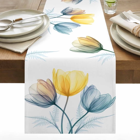X-ray Floral Cotton Linen Table Runner Brown Yellow Tulip Flower Teal Leaf Spring Dining Table Runners for Home Decor Party Dining Room Restaurant Kitchen 13" x 36"