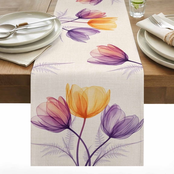 X-ray Floral Cotton Linen Table Runner Red Yellow Tulips Purple Leaf Spring Retro Dining Table Runners for Home Decor Party Dining Room Restaurant Kitchen 13" x 72"