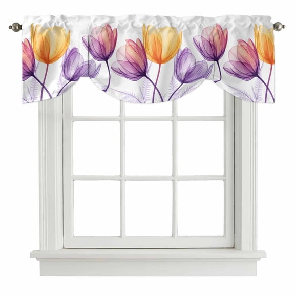X-ray Floral Tie Up Valance for Windows, Red Yellow Tulip Flower Purple Leaf Spring Adjustable Rod Pocket Tie Up Valance Curtains Window Treatment for Kitchen Bathroom Bedroom 42 X 12 Inch
