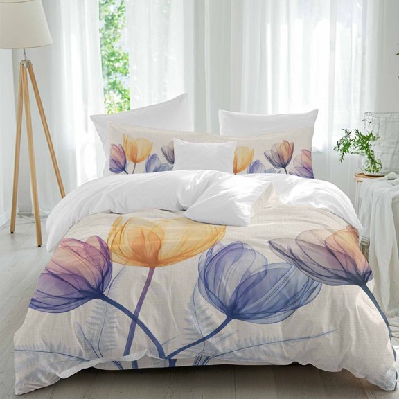 X-ray Floral Twin Duvet Cover Set, Yellow Brown Tulips Blue Leaf Spring Retro 4 Piece Microfiber Bedding Set with Zipper Closure, Bed Sheet and 2 Pillow Shams, Soft Bedding Cover