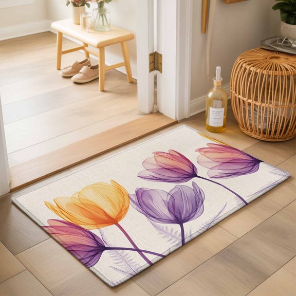 X-ray Floral Washable Small Entryway Area Rugs 2'x3', Red Yellow Tulips Purple Leaf Spring Retro Washable Throw Rug Non-Slip Sturdy Edge Binding Carpet for Front Door Floor Room Entry