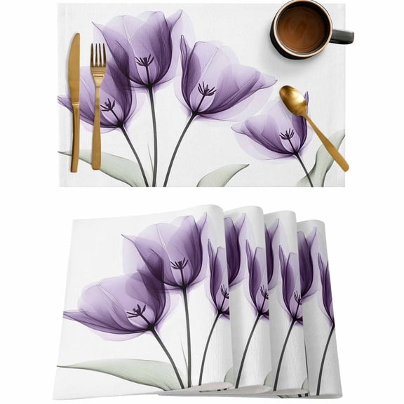 X-ray Flower Spring Purple Floral Placemats Set of 4,Wipeable Washable Table Mats for Dining Tables,Abstract Leaves on White Place Mats for Kitchen Event Party Tabletop Decor
