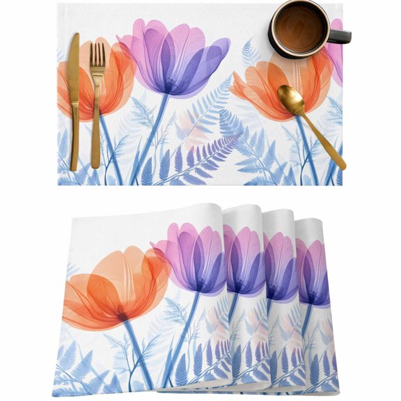 X-ray Flower Spring Watercolor Floral Placemats Set of 4,Wipeable Washable Table Mats for Dining Tables,Gradient Leaves on White Place Mats for Kitchen Event Party Tabletop Decor