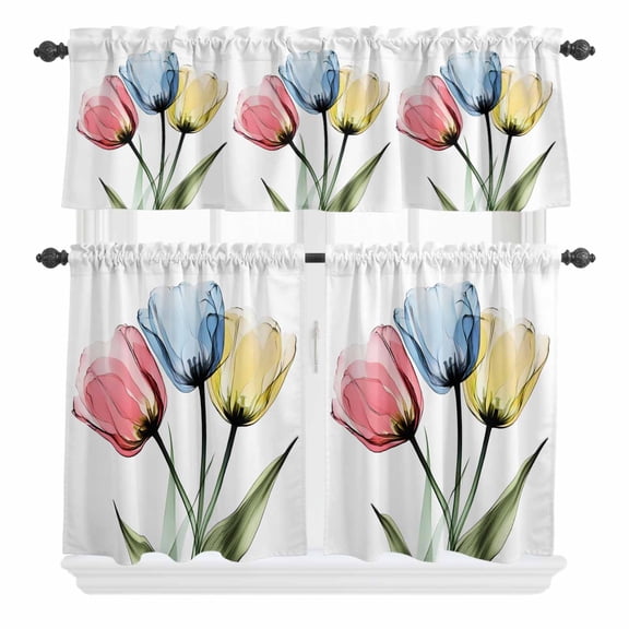 X-ray Tulips Curtain Valances Set Colorful Floral Abstract Flowers Spring Summer Kitchen Curtains 24 inch Length Rod Pocket Valance and Tiers 3 Piece Set Small Bedroom Bathroom Laundry Decor