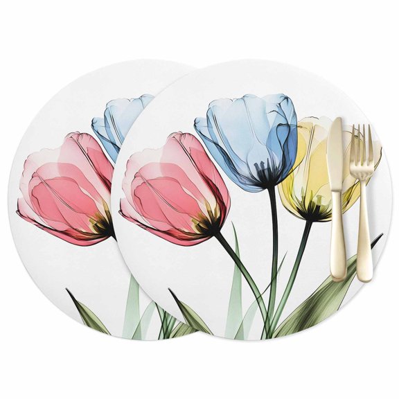 X-ray Tulips Leather Placemats Set of 2, 12 Inch, Colorful Floral Abstract Flowers Spring Summer Waterproof Oil-Proof Place Mats, Non-Slip Table Mats for Kitchen, Dining Room, Indoor Outdoor