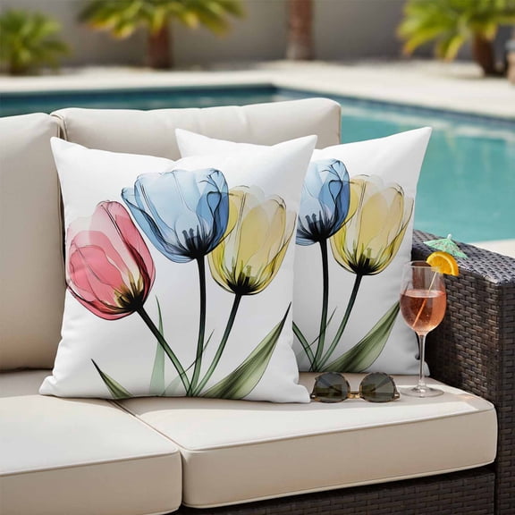 X-ray Tulips Outdoor Throw Pillow Covers Set of 2, Colorful Floral Abstract Flowers Spring Summer Waterproof Pillow Covers Protectors with Hidden Zipper for Garden Couch Bench 16x16in