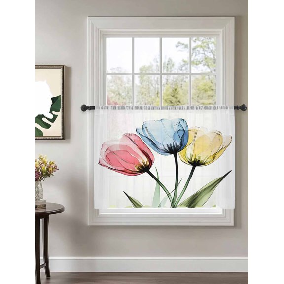 X-ray Tulips Sheer Curtains 45 Inch Long 1 Panel Colorful Floral Abstract Flowers Spring Summer Rod Pocket Voile Cafe Curtains Light Filtering Small Window Treatments for Kitchen Basement 52" x 45"
